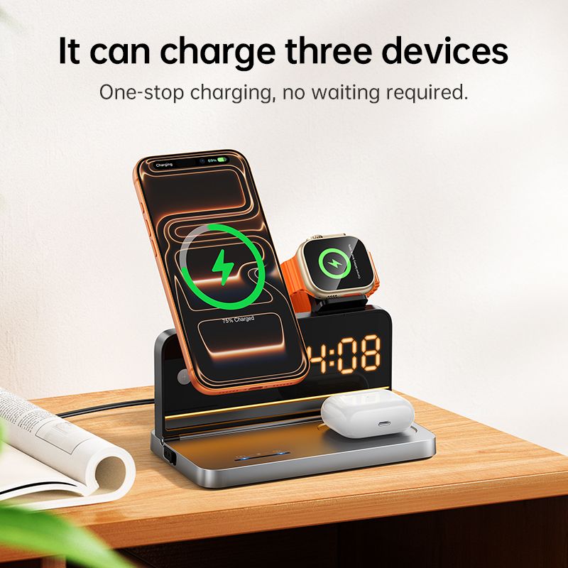 HOCO DWQ03 4-in-1 Wireless Charging Station with Digital Alarm Clock – Fast Qi Charging for Phone, Watch & Earbuds (Black)