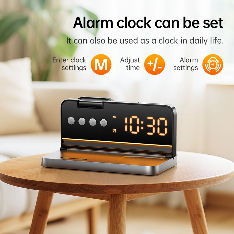 HOCO DWQ03 4-in-1 Wireless Charging Station with Digital Alarm Clock – Fast Qi Charging for Phone, Watch & Earbuds (Black)