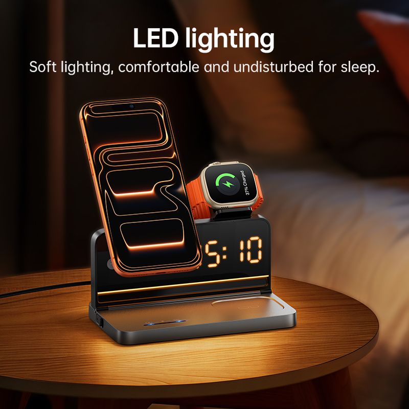 HOCO DWQ03 4-in-1 Wireless Charging Station with Digital Alarm Clock – Fast Qi Charging for Phone, Watch & Earbuds (Black)