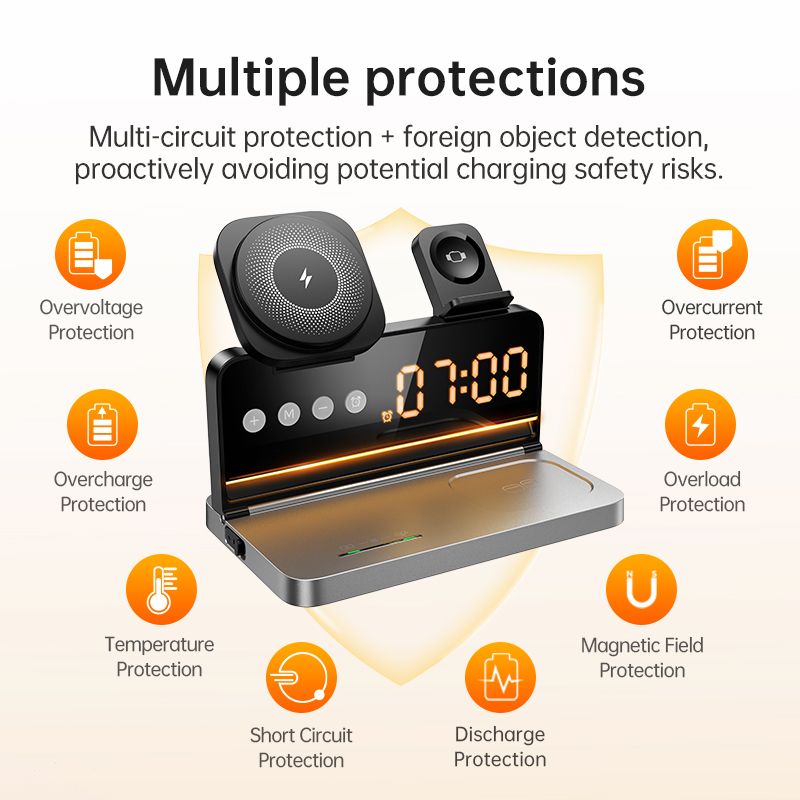 HOCO DWQ03 4-in-1 Wireless Charging Station with Digital Alarm Clock – Fast Qi Charging for Phone, Watch & Earbuds (Black)