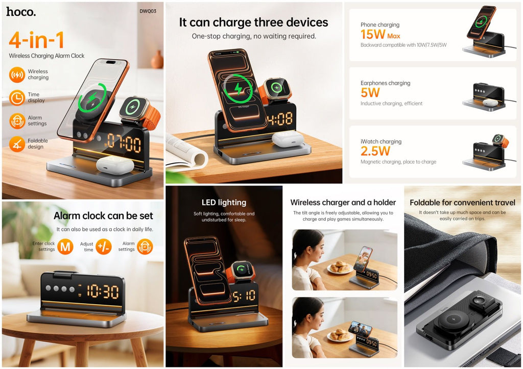 HOCO DWQ03 4-in-1 Wireless Charging Station with Digital Alarm Clock – Fast Qi Charging for Phone, Watch & Earbuds (Black)