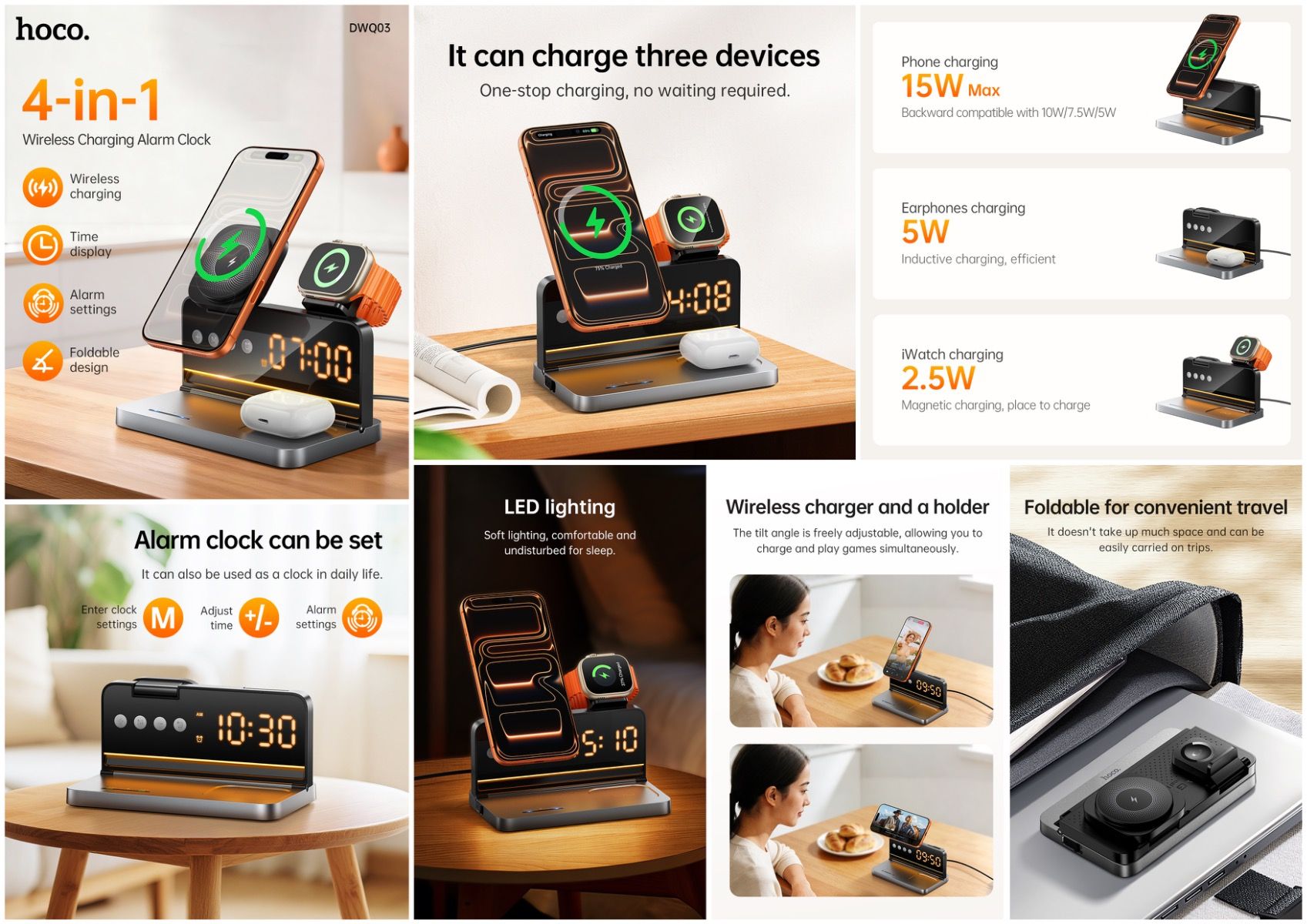 HOCO DWQ03 4-in-1 Wireless Charging Station with Digital Alarm Clock – Fast Qi Charging for Phone, Watch & Earbuds (Black)