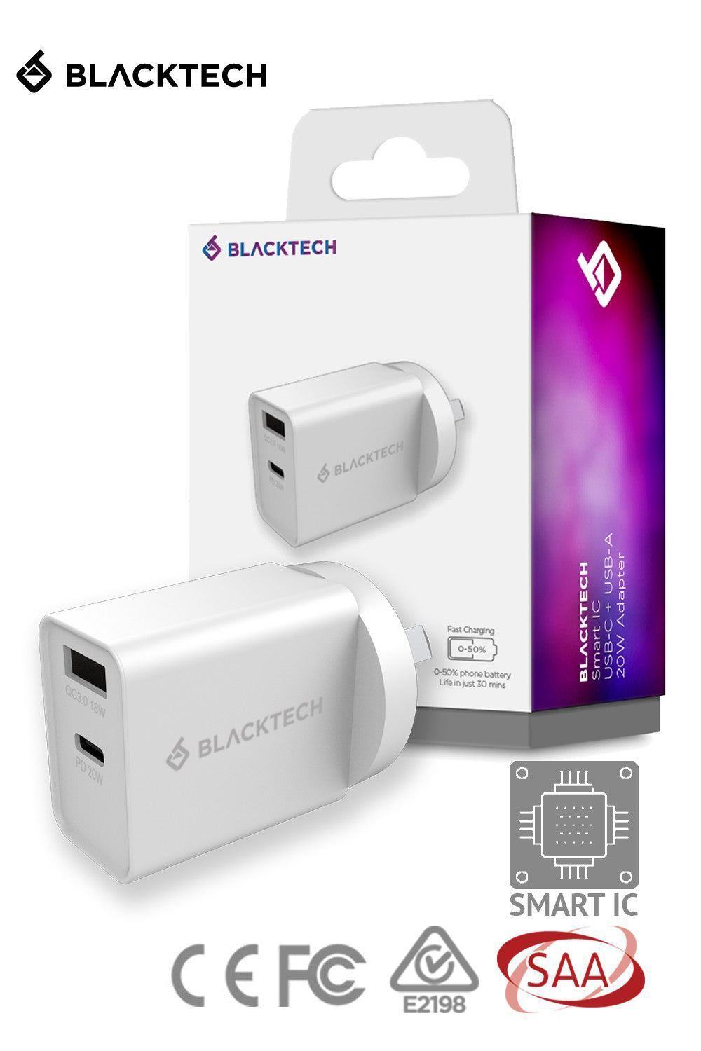 BLACKTECH Dual USB-C USB-A 20W 67W PD QC Fast Charging Power Adapter SAA Approved