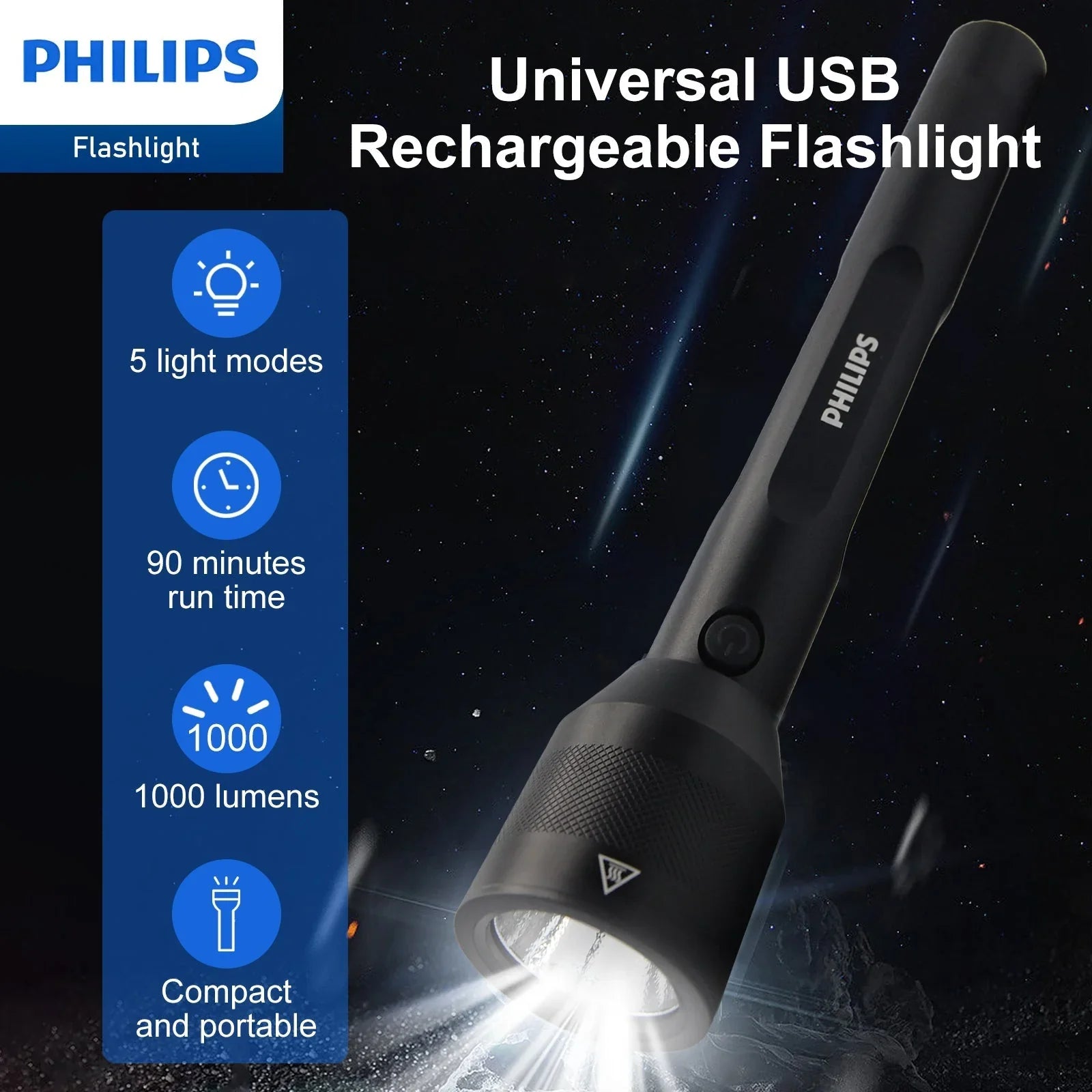 Philips SFL3602R Rechargeable LED Flashlight 1000 Lumens (Black)