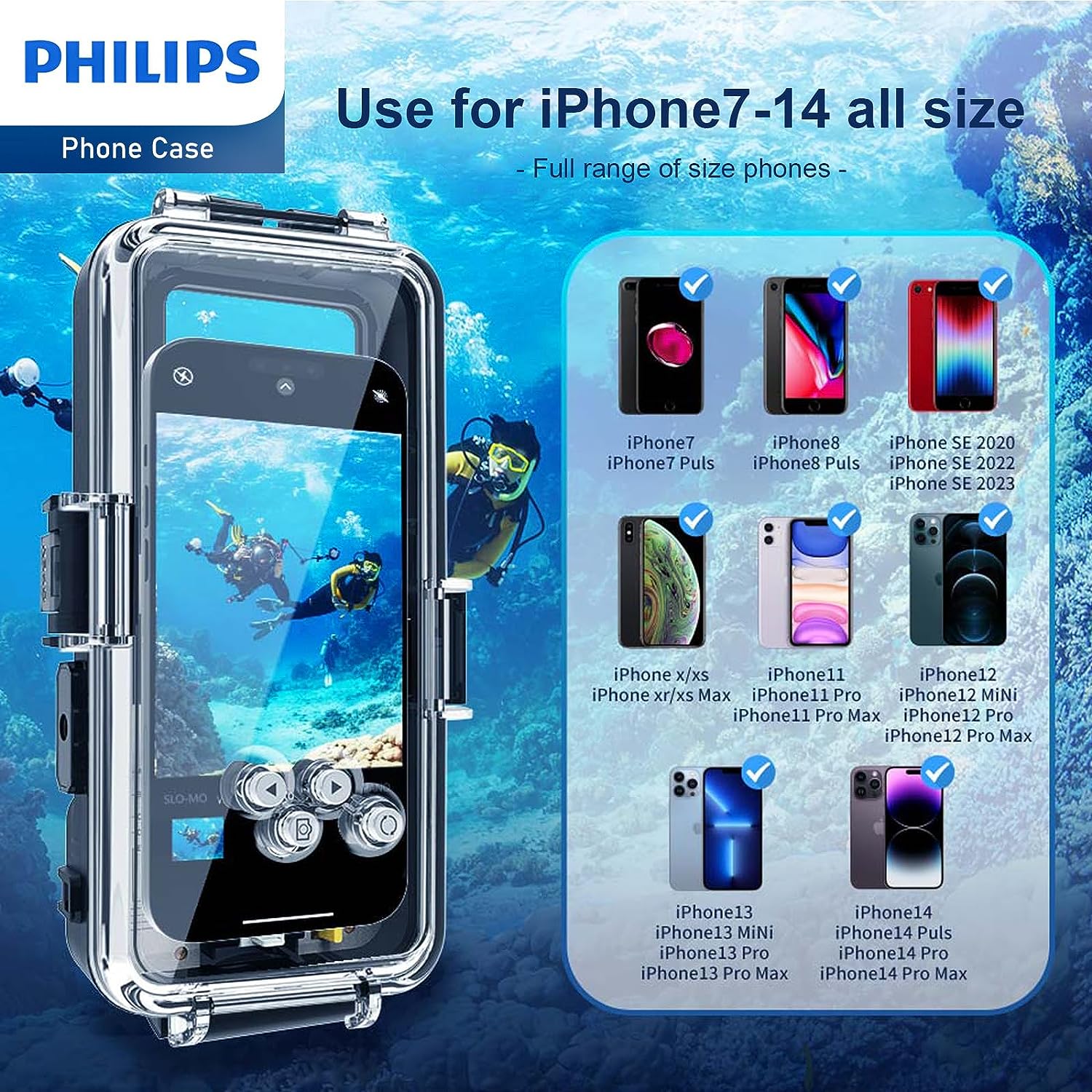 Philips Underwater Diving Phone Case [Operated Underwater] Photo Video, Deep Water Photography Waterproof Case Snorkeling Case 82FT/25M for iPhone 7 to iPhone 14 Series with Lanyard DLK6301B