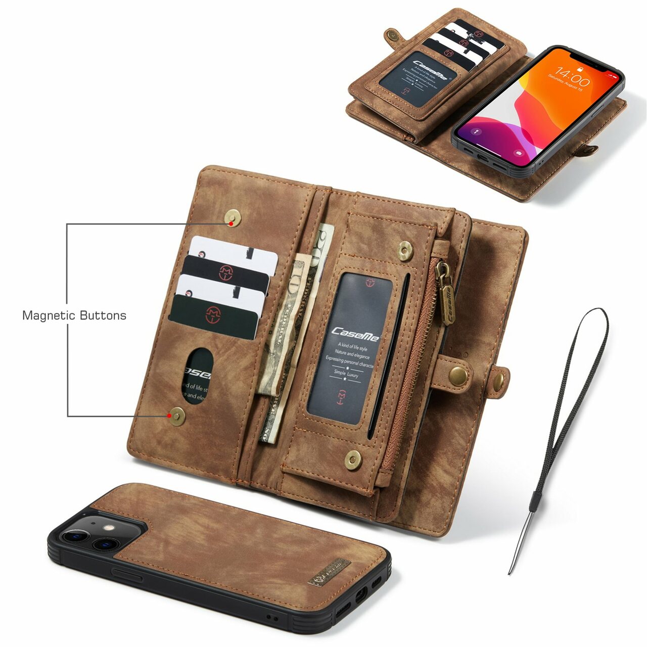 iPhone 17 Pro CaseMe Detachable Case Leather Zip Wallet Cover