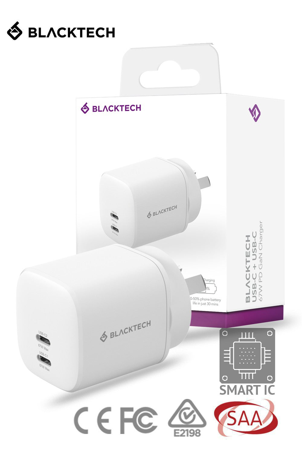 BLACKTECH Dual USB-C USB-A 20W 67W PD QC Fast Charging Power Adapter SAA Approved