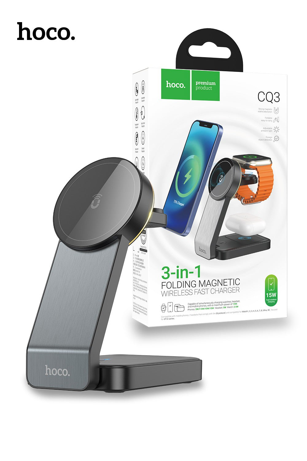 Hoco CQ3 15W Motorcycle Folding 3 in 1 Magnetic Fast Wireless Charger