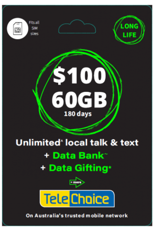 TeleChoice 180 Days Long Expiry Prepaid SIM $100 Starter Pack