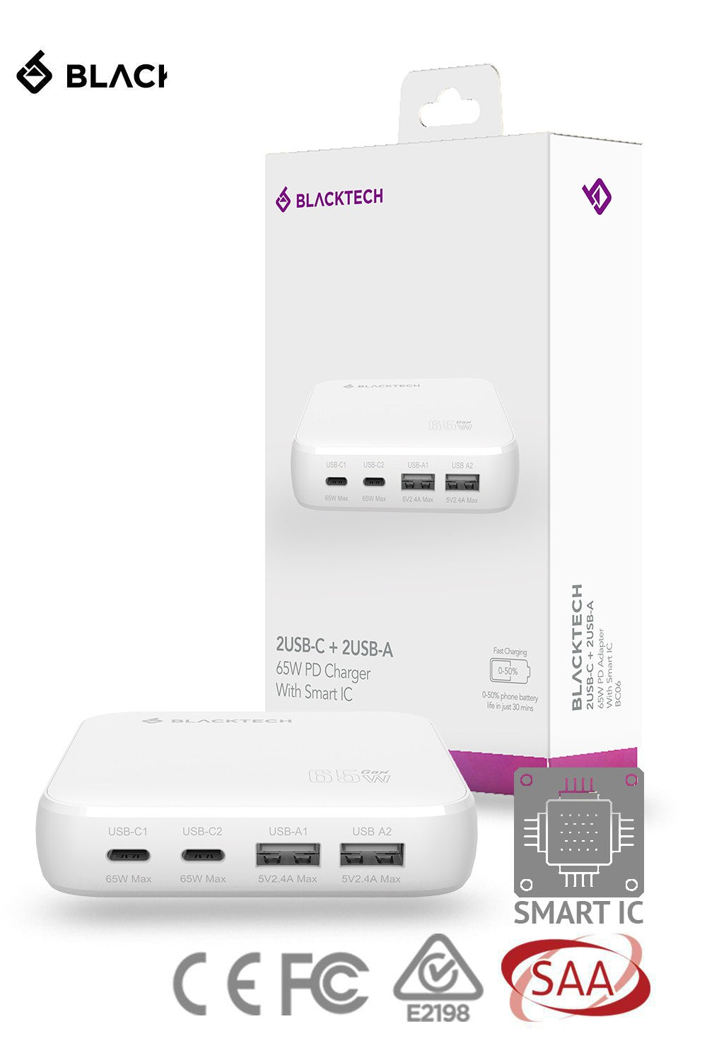 BLACKTECH BC06 Dual USB-C Dual USB-A 65W PD Adapter With Smart IC