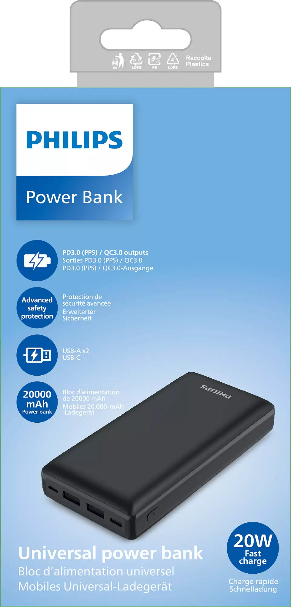 Philips 20000mAh Ultra Large Capacity Quick Charge Portable Power Bank DLP7721C