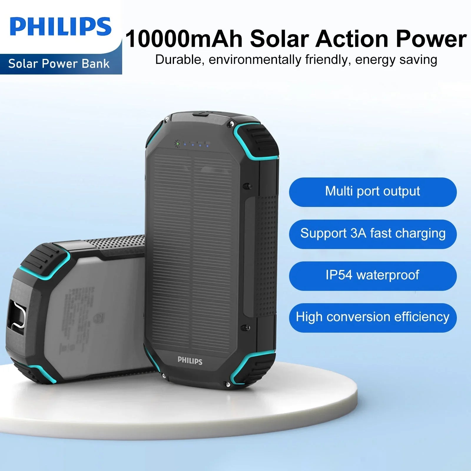 Philips 10000mAh Portable Solar Power Bank Supports Fast Charging Of Multiple Devices DLP7725N