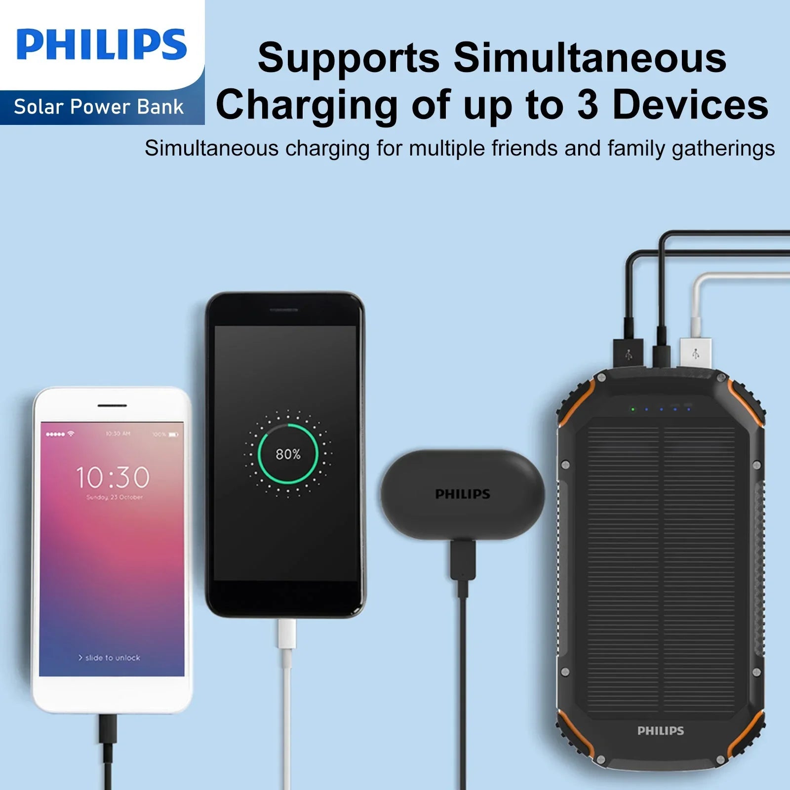 Philips 10000mAh Portable Solar Power Bank Supports Fast Charging Of Multiple Devices DLP7725N