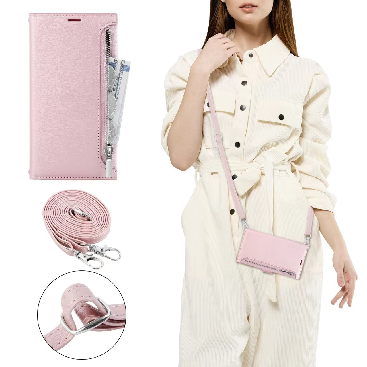 iPhone Hanman Zipper Case with Card Holder Wallet for Women with Strap, Cross-body Necklace Lanyard Shoulder Strap