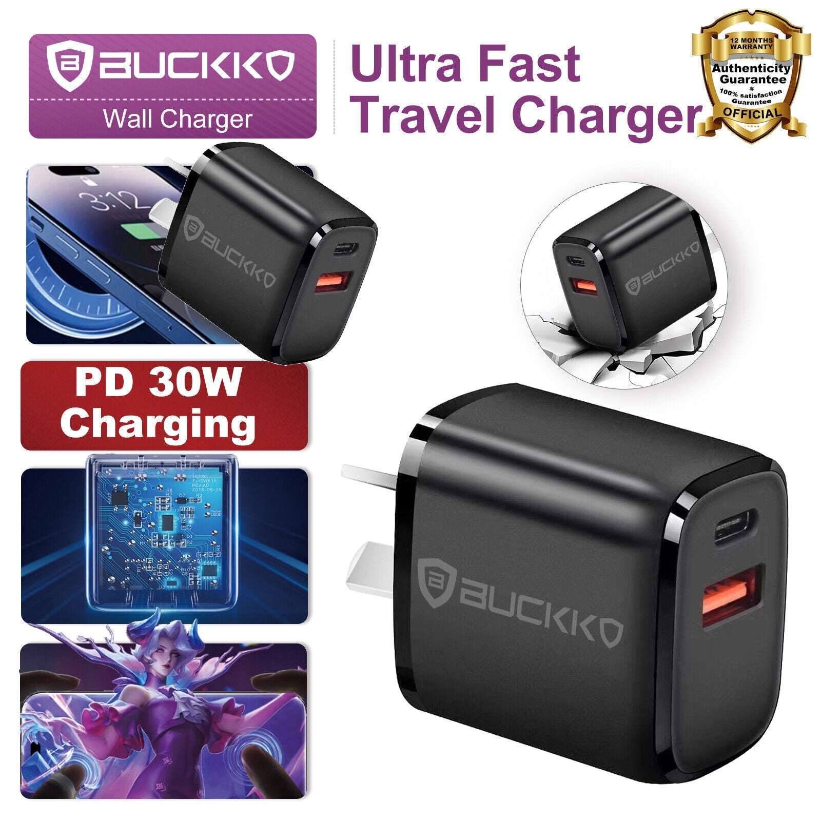 Buckko 30W Type C USB A Charging Fast Charging SAA Approval
